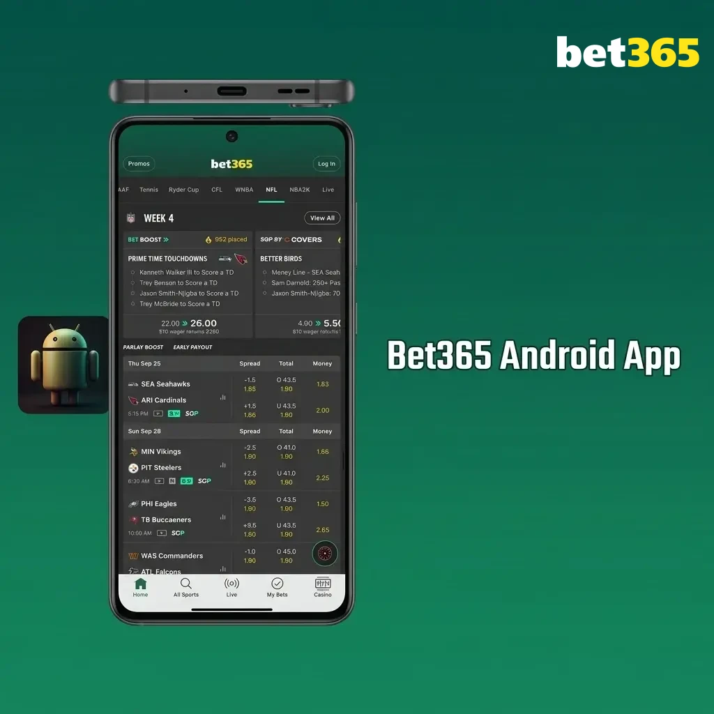 Bet365 Android app interface showing mobile betting and casino games available for free download on Android devices