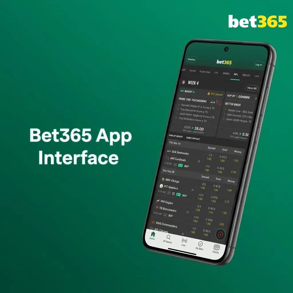 Bet365 mobile app interface showing sports markets, casino games and account controls with clean intuitive navigation