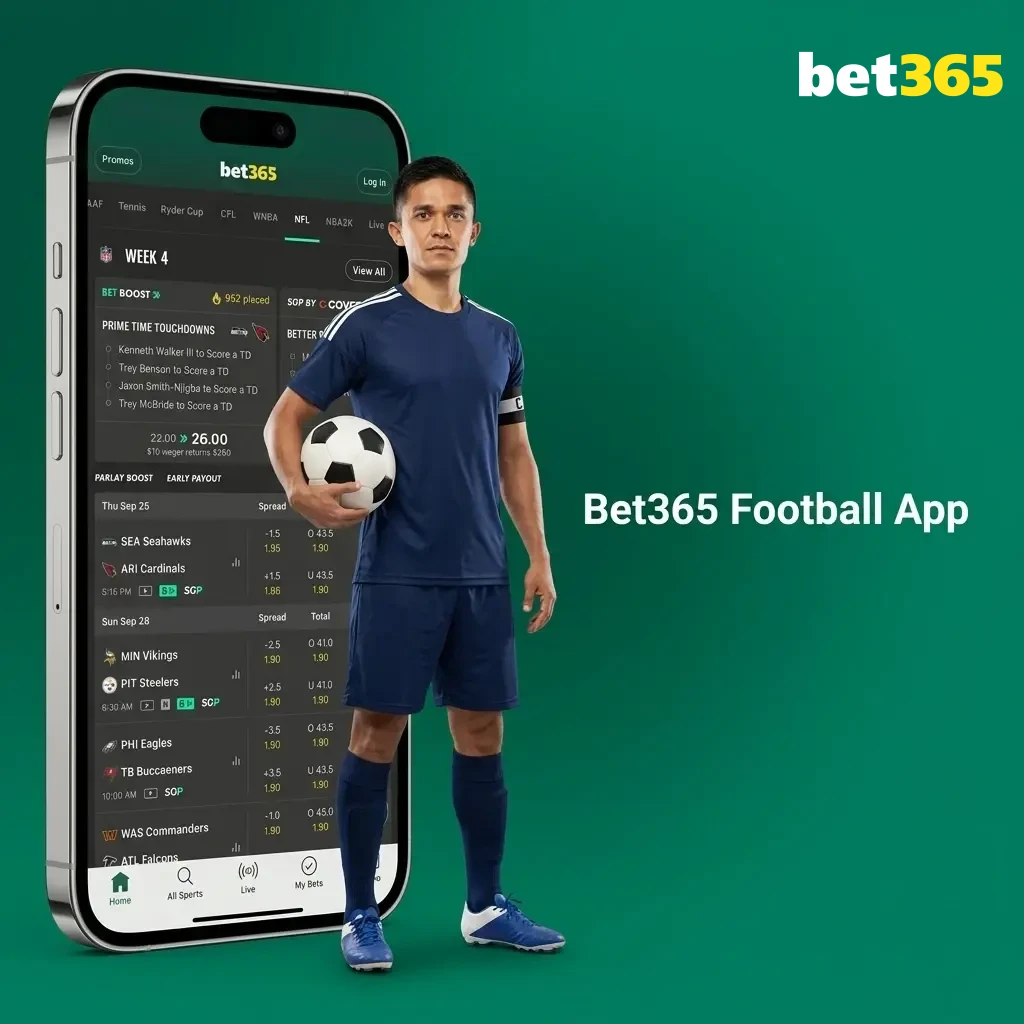 Bet365 football app on smartphone showing live scores, betting markets, and bet slip for Android and iOS users