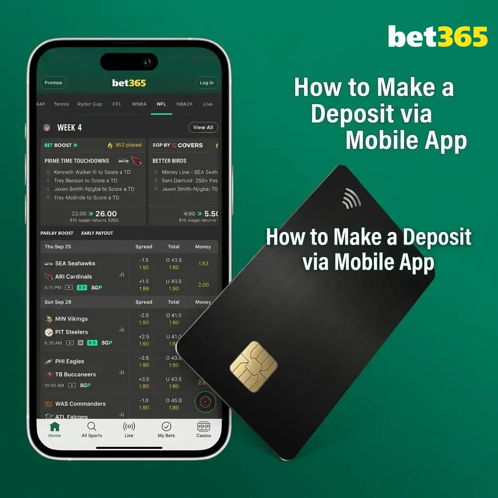 Bet365 mobile app deposit steps showing account menu, payment method selection, and UPI transaction confirmation