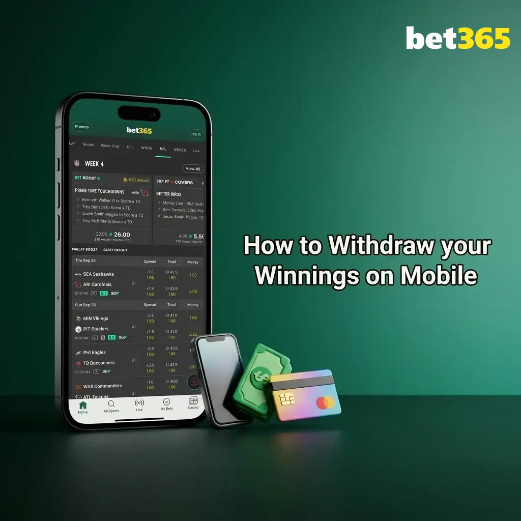 Bet365 mobile withdrawal steps showing account menu, withdrawal method selection, and transaction history