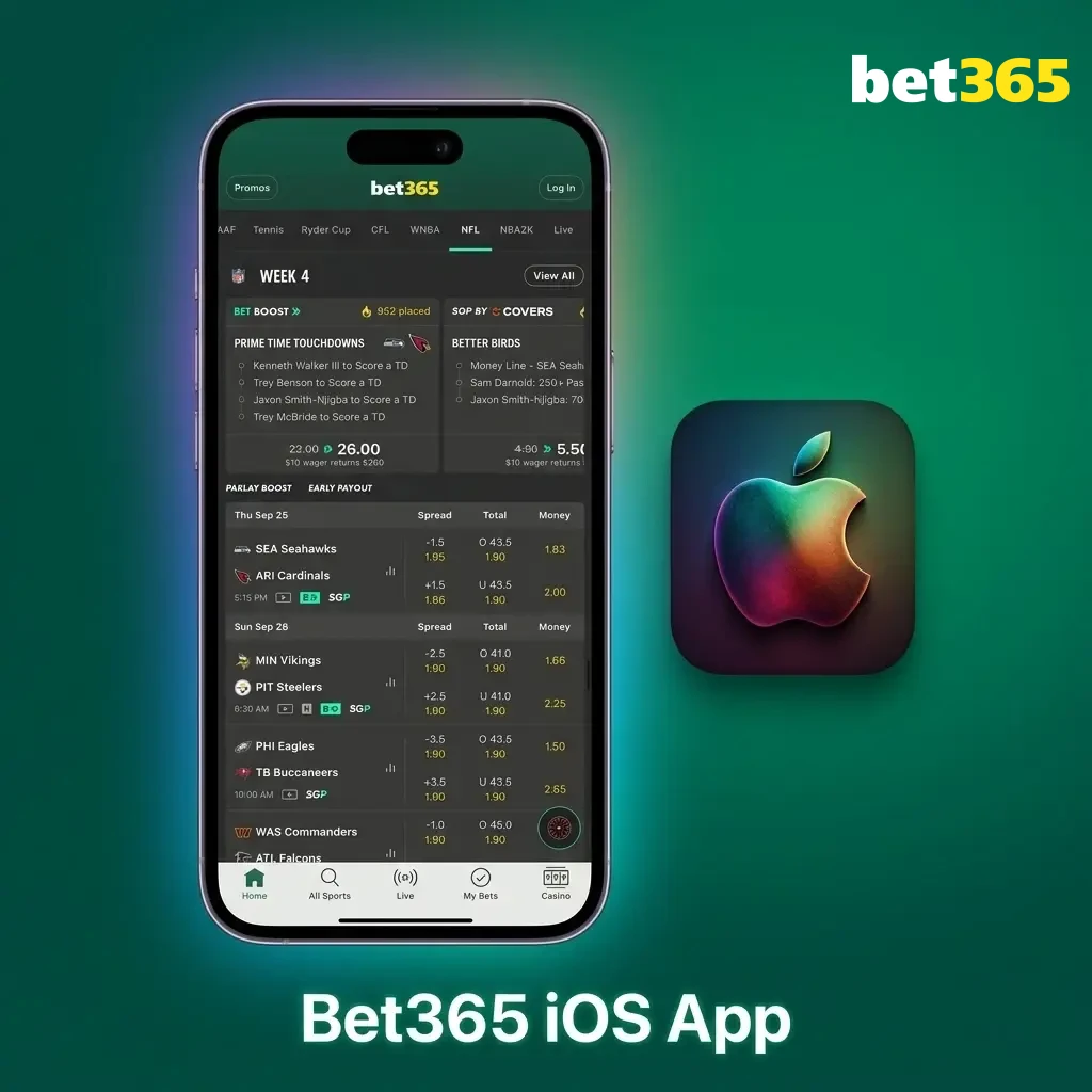 Bet365 iOS app interface on iPhone and iPad showing sports betting and live casino features available for free download