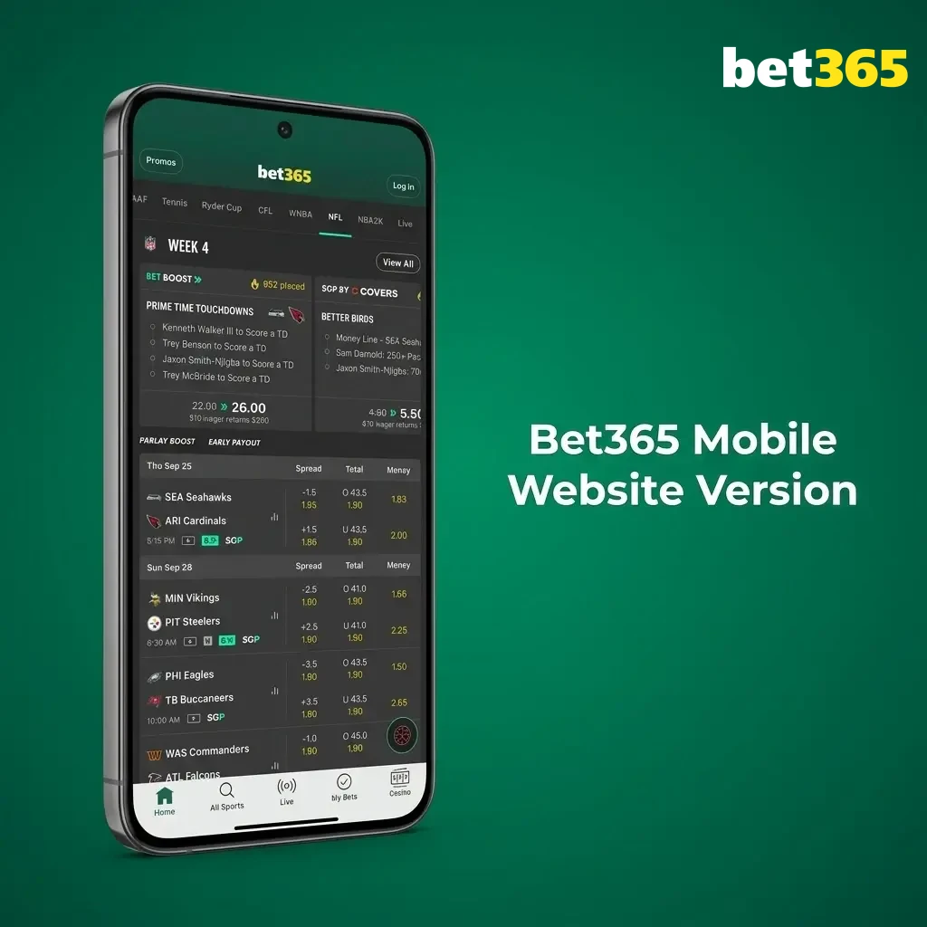 Bet365 mobile-optimised website interface on smartphone and tablet for sports betting and live casino gaming