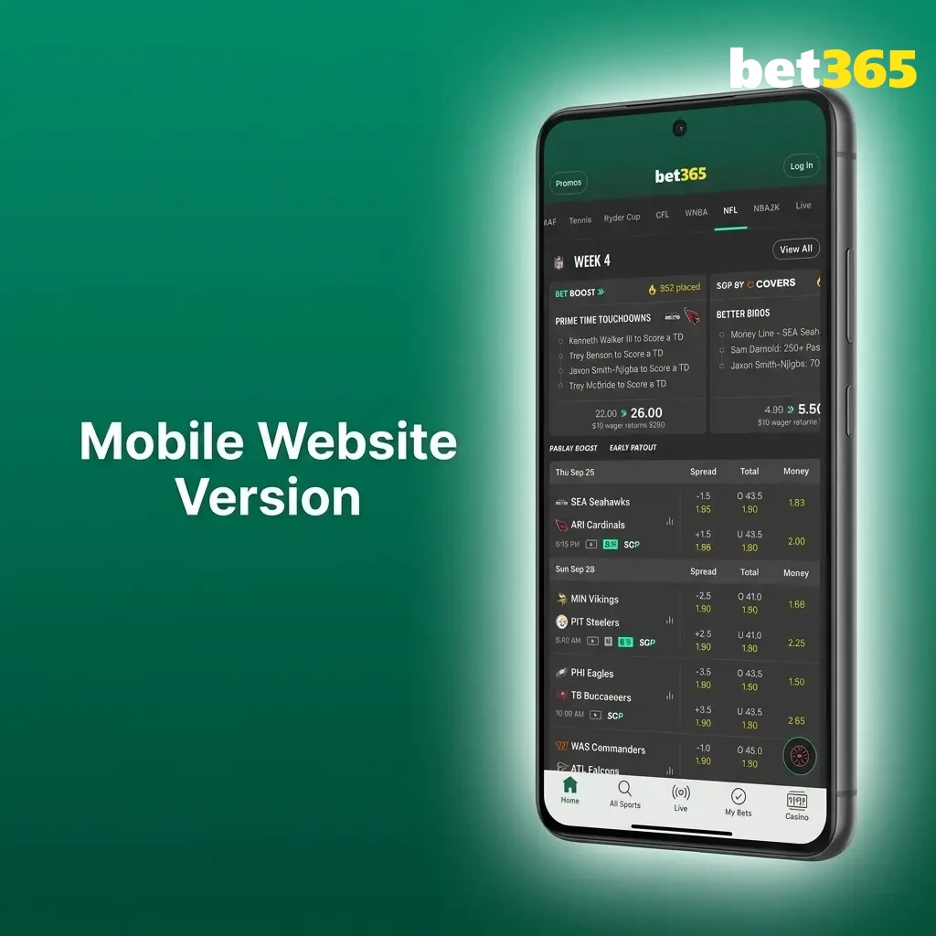 Bet365 mobile website interface on smartphone browser showing betting markets and casino games without app download