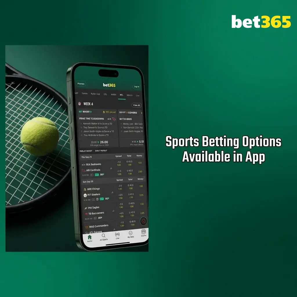 Bet365 app sports betting options including cricket, football, kabaddi, tennis, basketball, and esports markets