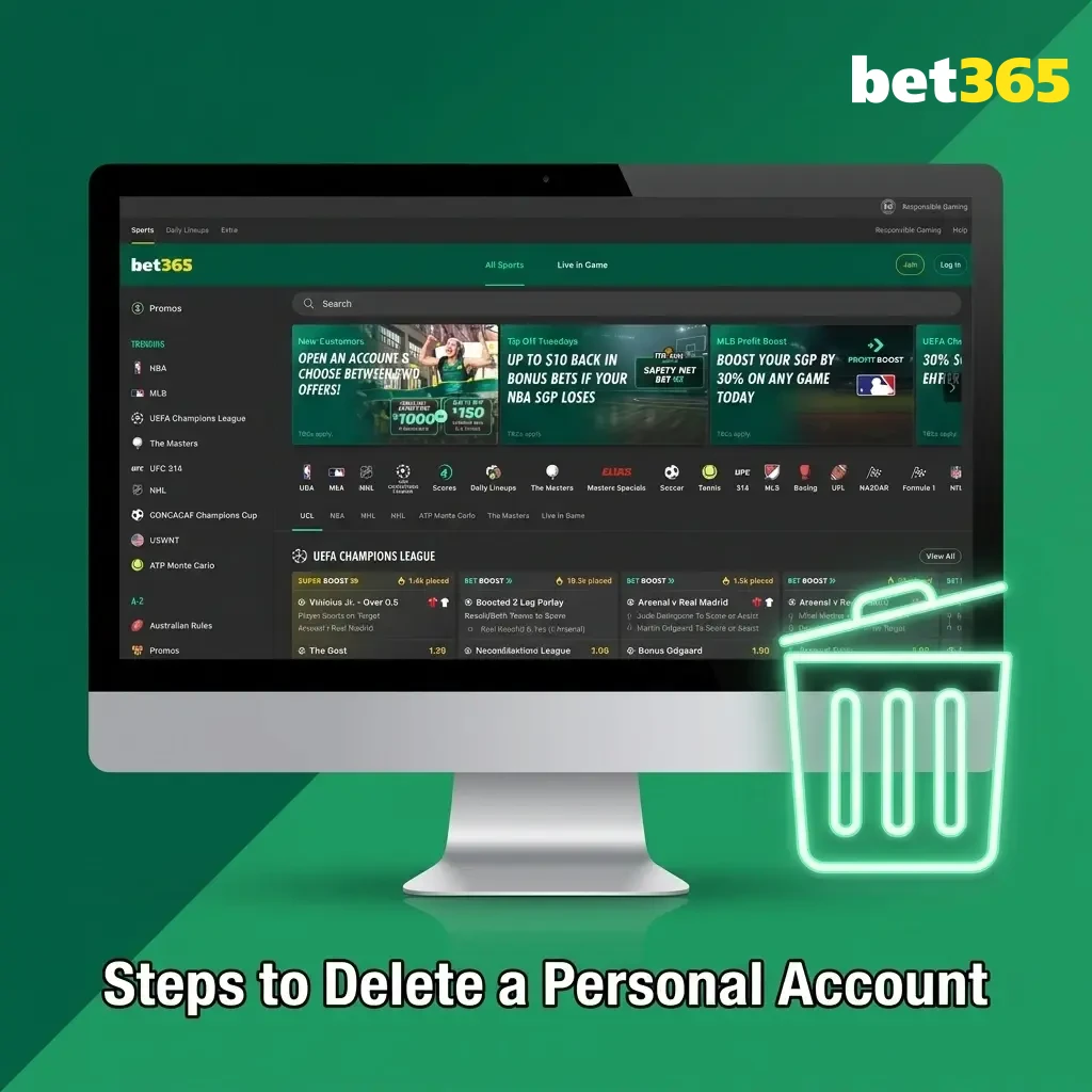 Steps to delete a personal account showing sign-in, account settings, responsible gambling options, and closure request process.