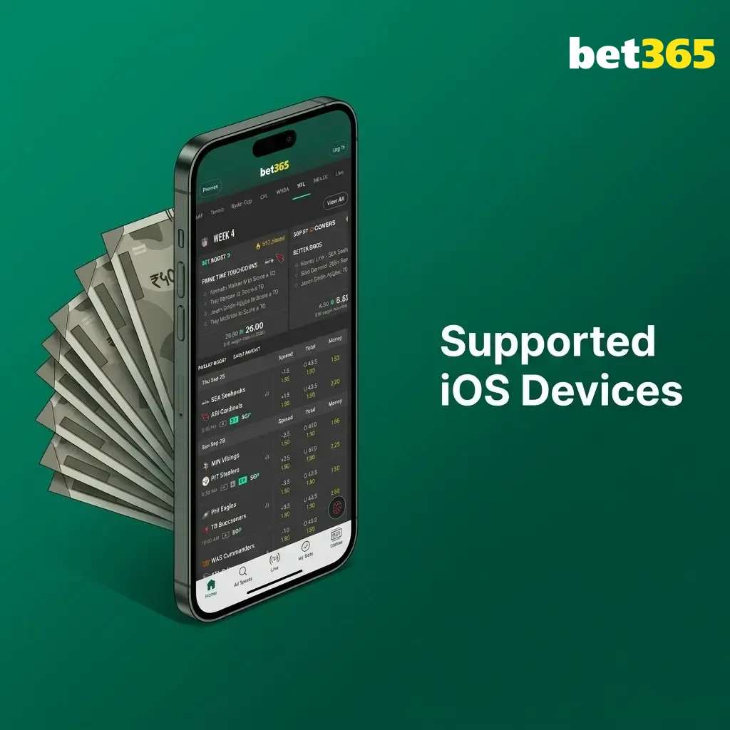List of supported iOS devices for the Bet365 app, including iPhone, iPad, and iPod Touch models.
