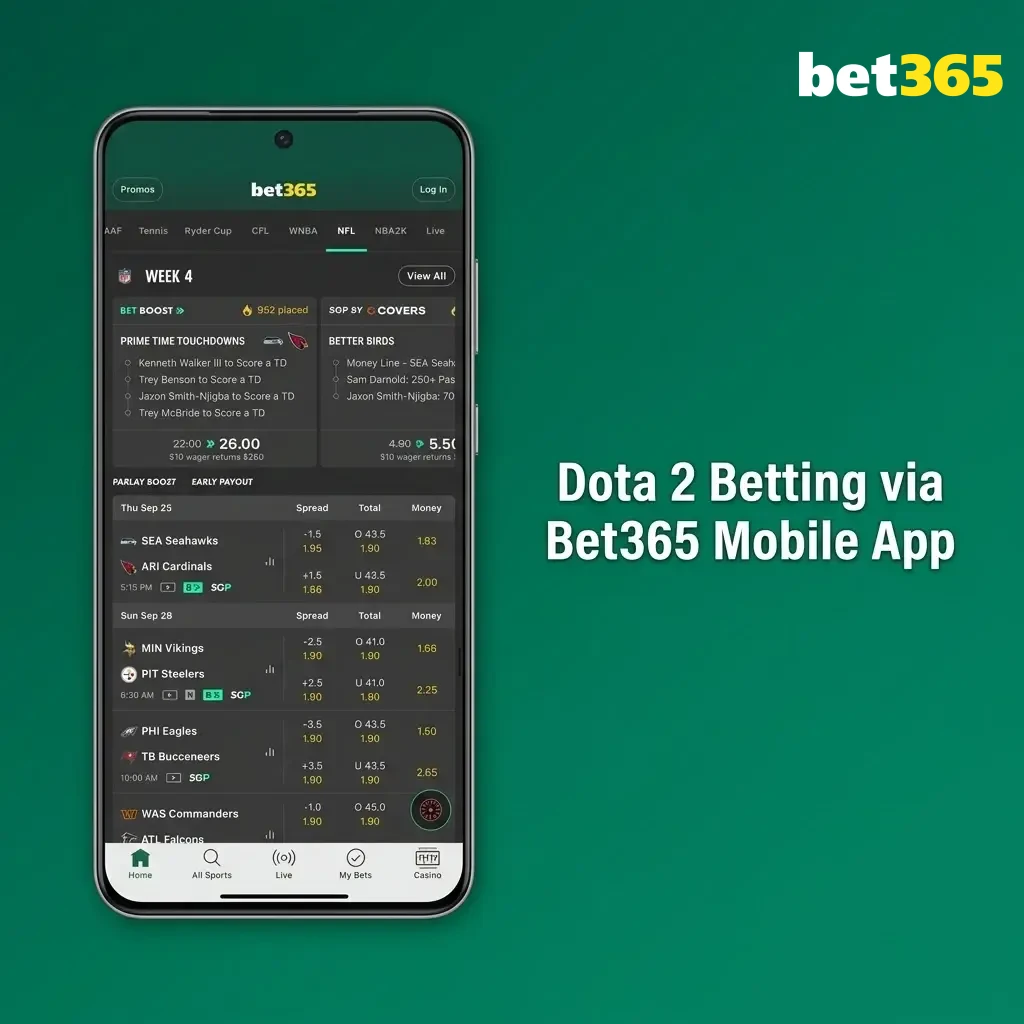 Bet365 mobile app interface showing Dota 2 esports betting markets with live odds for Indian users