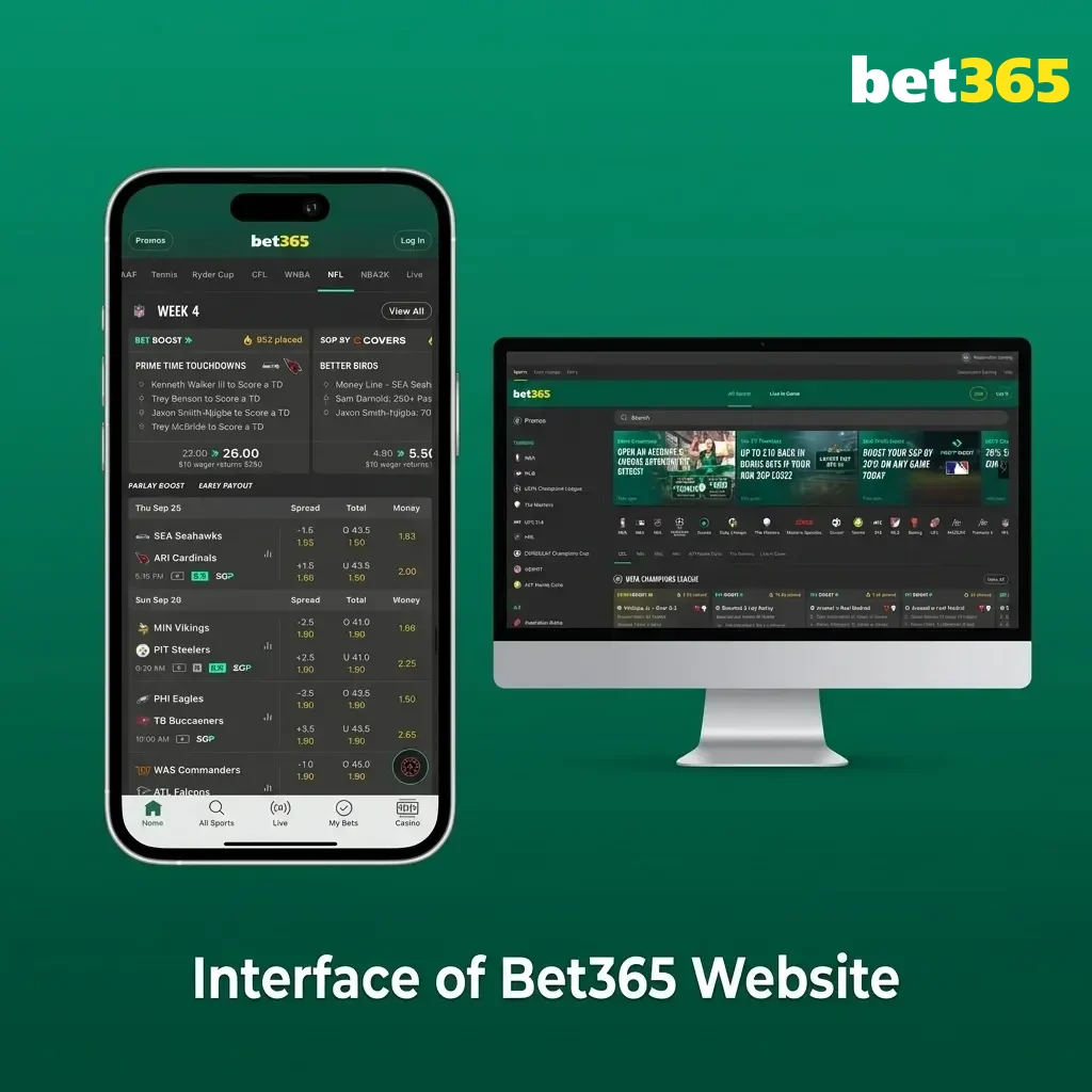 Bet365 website interface showing top navigation bar with Sports, Live Betting, Casino, and account settings options