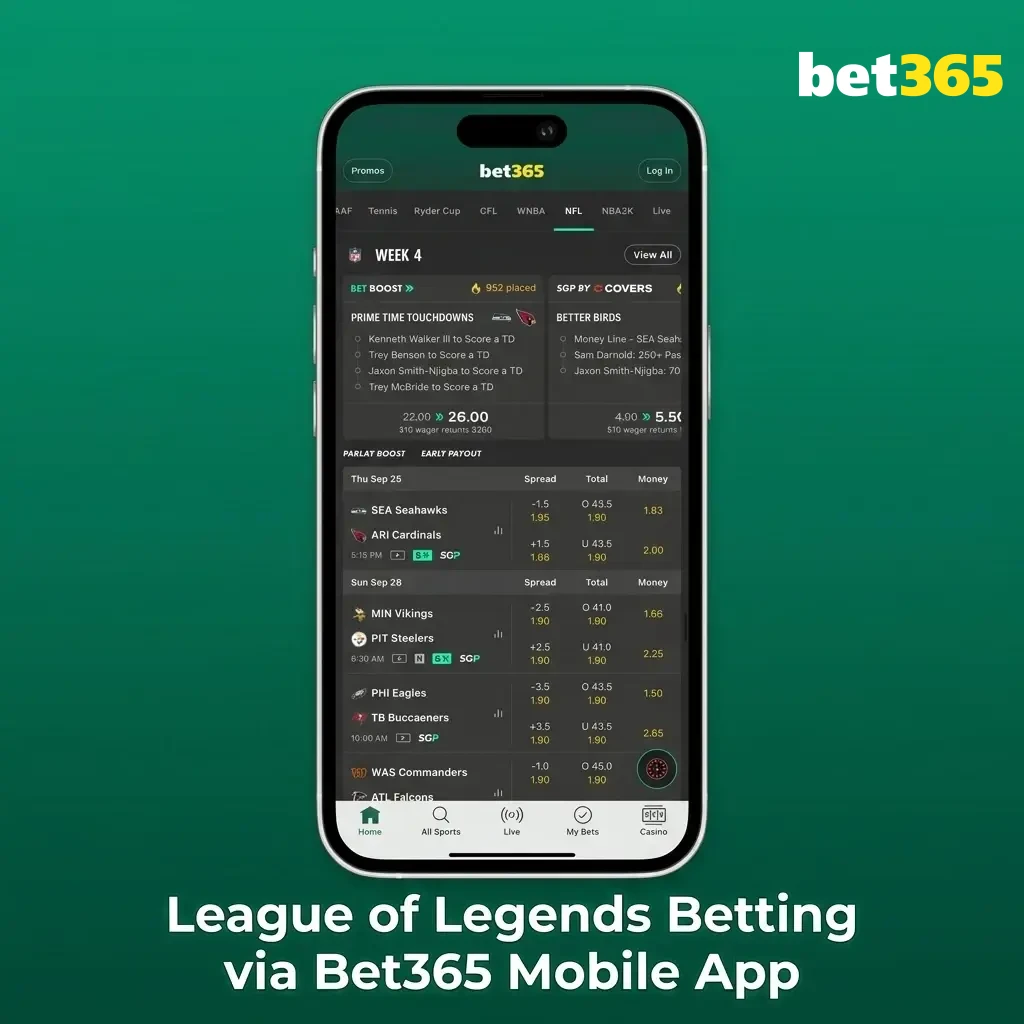 Bet365 mobile app interface showing League of Legends esports betting markets with live match tracking on Android and iOS