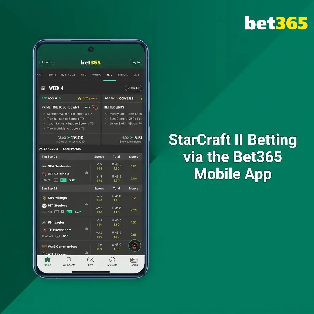 Bet365 mobile app open on StarCraft II esports betting market, used for placing bets in India