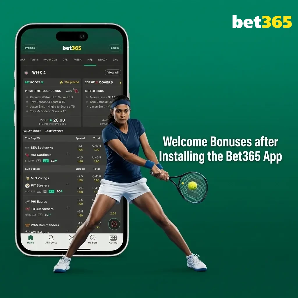 Bet365 app welcome bonuses in India, including a 15% first deposit bonus up to ₹4,000 and free sports bets.